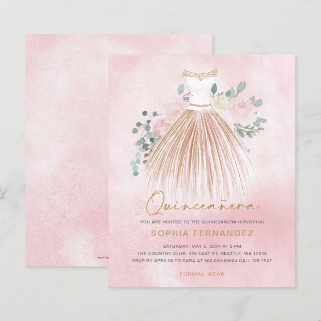 Budget Blush guldglitter Klänning Quinceañera Inbj (Fram/baksida)