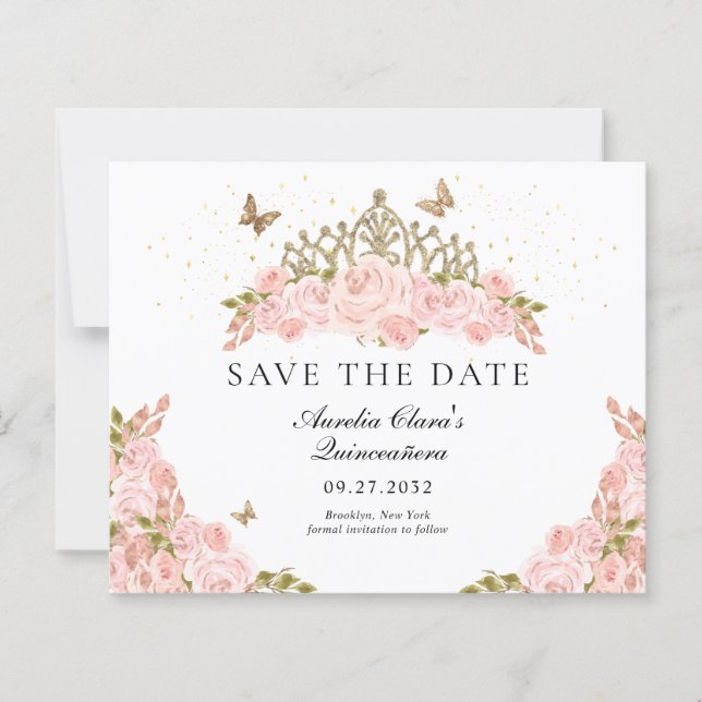 BUDGET Blush Pink Floral Gold Tiara Quinceanera (Framsida)
