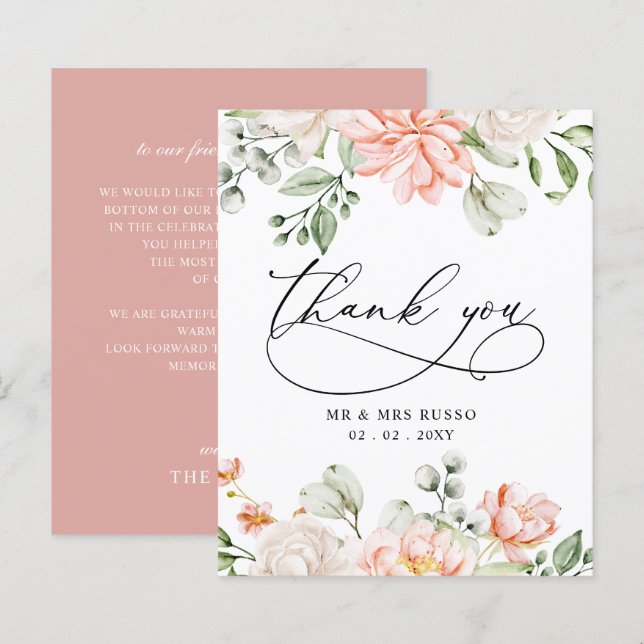 Budget Blush Pink Floral Wedding Thank You Card (Fram/baksida)