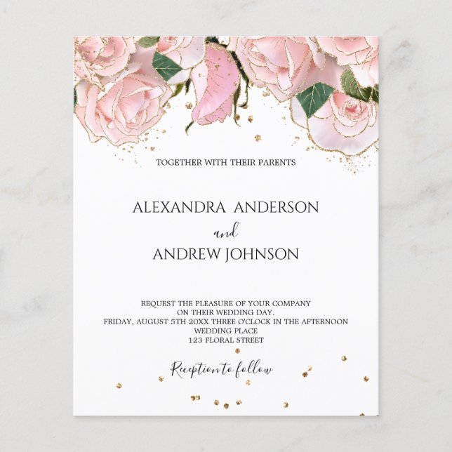 Budget Blush Pink Gold Floral Wedding Invitation (Framsida)