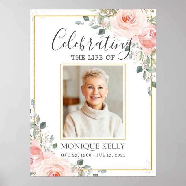 Budget Blush Rosa Blommig Foto Begravning Minnes  Poster (Framsidan)