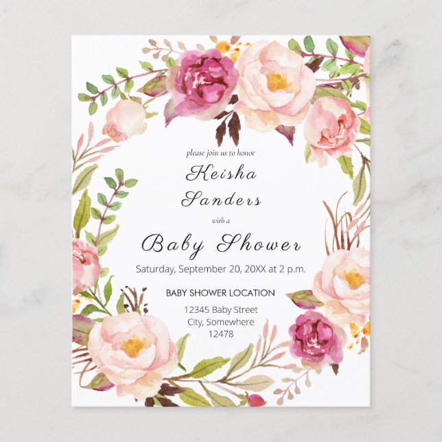 Budget Blush Rosa Blomster Babyshower Flyer (Framsidan)