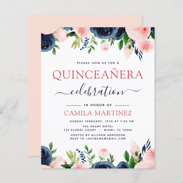 Budget Blush Rosa Marinblå Blommig Quinceanera (Fram/baksida)