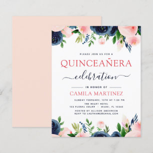 Budget Blush Rosa Marinblå Blommig Quinceanera