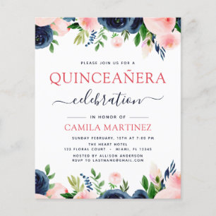 Budget Blush Rosa Marinblå Blommig Quinceanera Flygblad