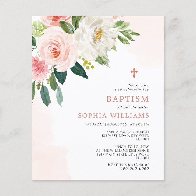 Budget Blush Rosa Ros Blommig Dop Invitation (Framsida)