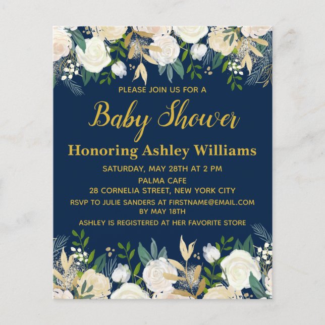 Budget Boho Baby Shower Inbjudan Navy Guld Grönt (Framsida)