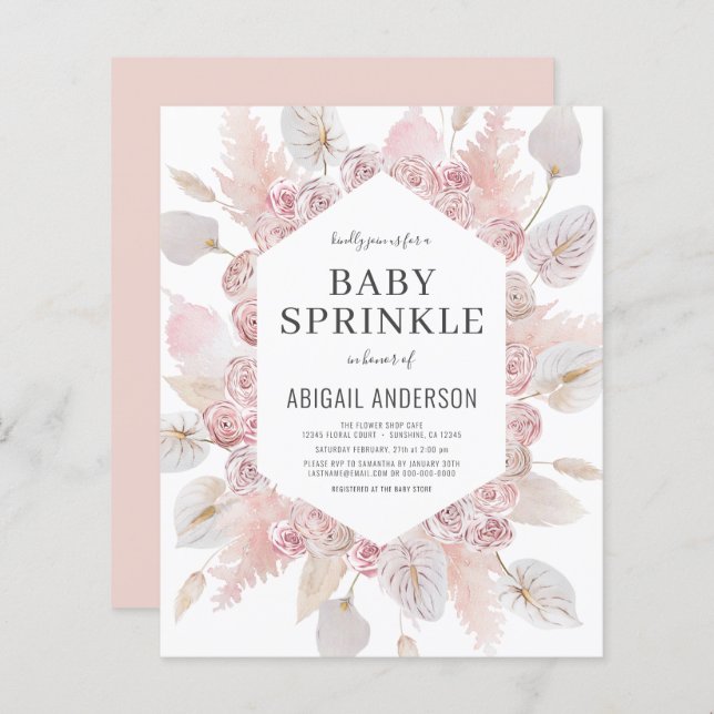 Budget Boho Baby Sprinkle  Rosa-inbjudan (Fram/baksida)