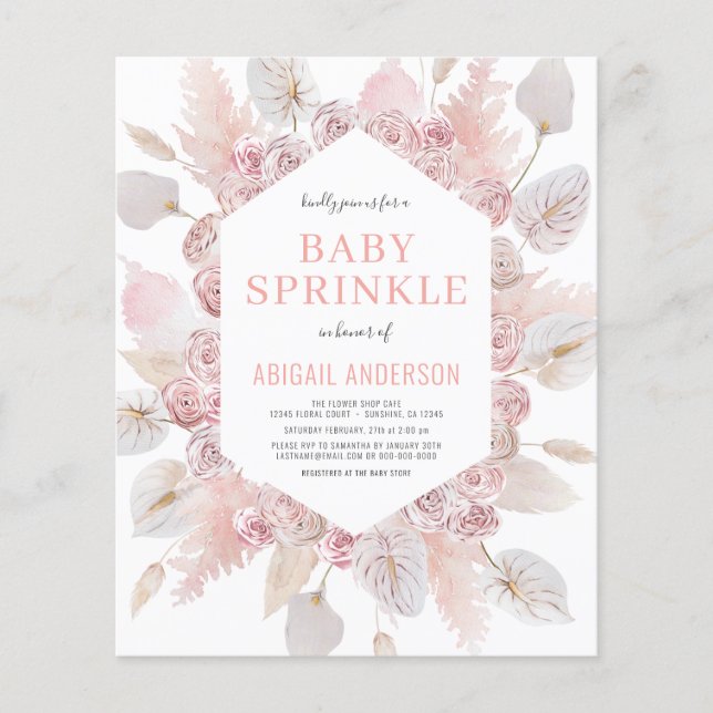 Budget Boho Baby Sprinkle  Rosa-inbjudan Flygblad (Framsidan)