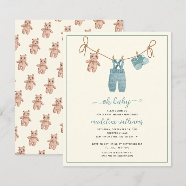 BUDGET BOHO Barnkläder Boy Oh Baby Shower Inbjudan (Fram/baksida)