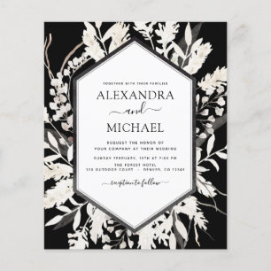 Budget Boho Black Beige Botanical Bröllop Flygblad