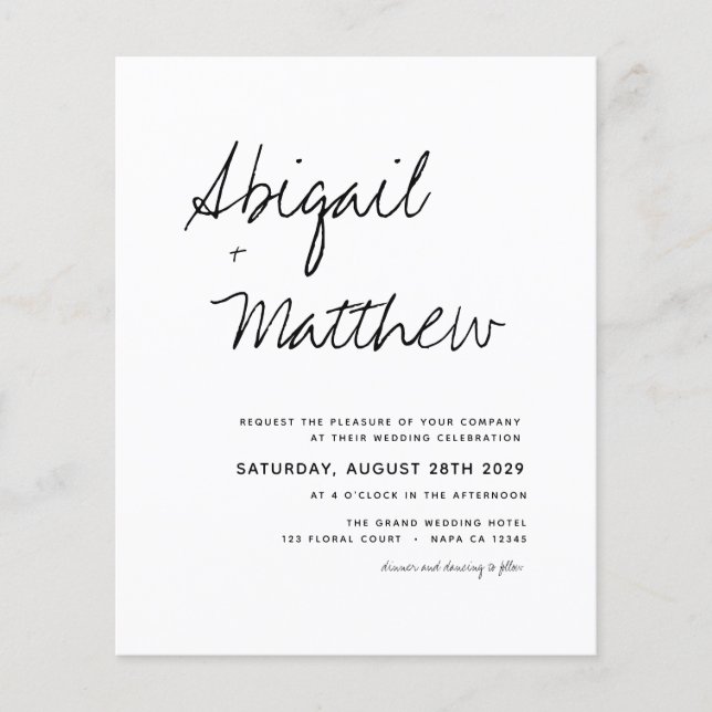 Budget Boho Black White Modern bröllopsinbjudan Flygblad (Framsidan)