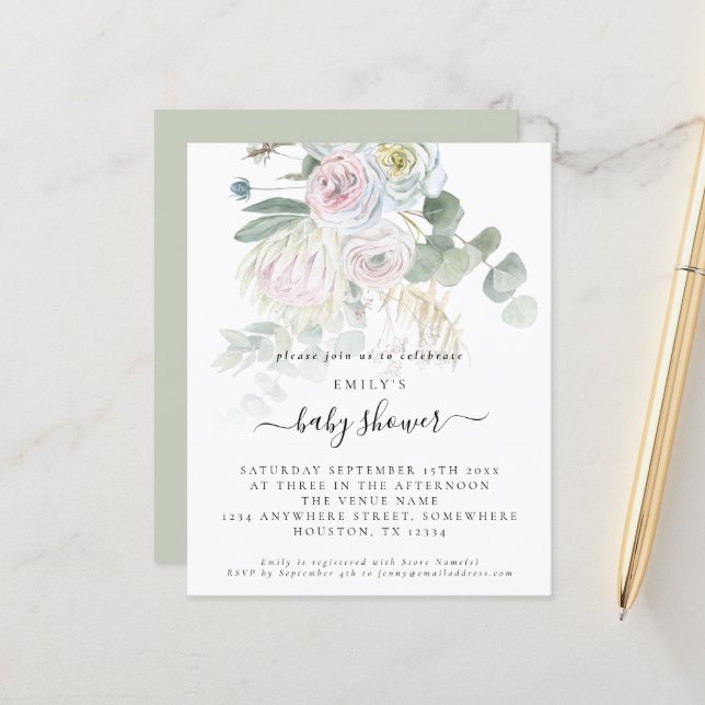 Budget Boho Blommigt Eucalyptus Baby Shower Inbjud (Fram/Back In Situ)