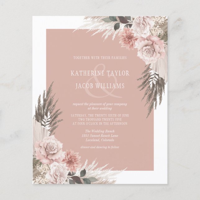 Budget Boho Blommigt - inbjudan till  Rosa (Framsida)