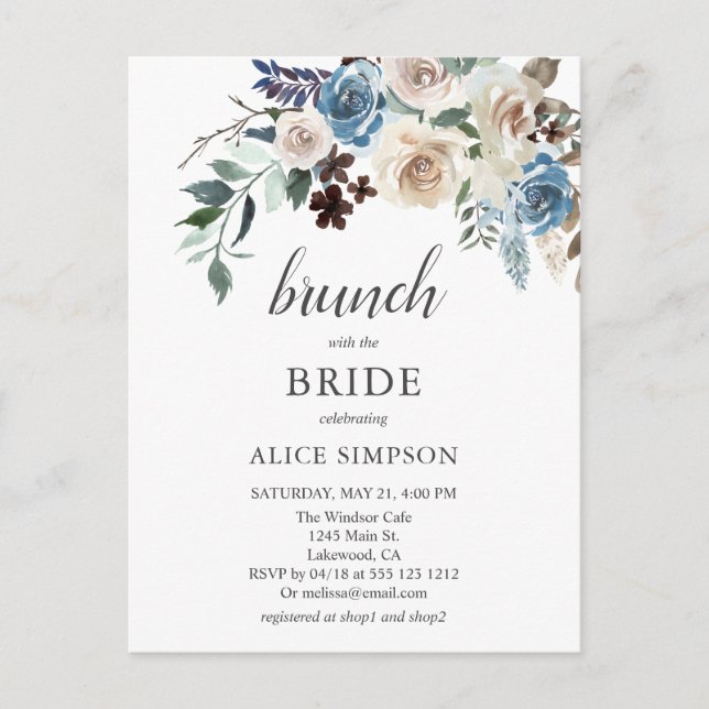Budget Boho Blue Beige Flower Brunch Möhippa Inbjudan Vykort (Framsida)