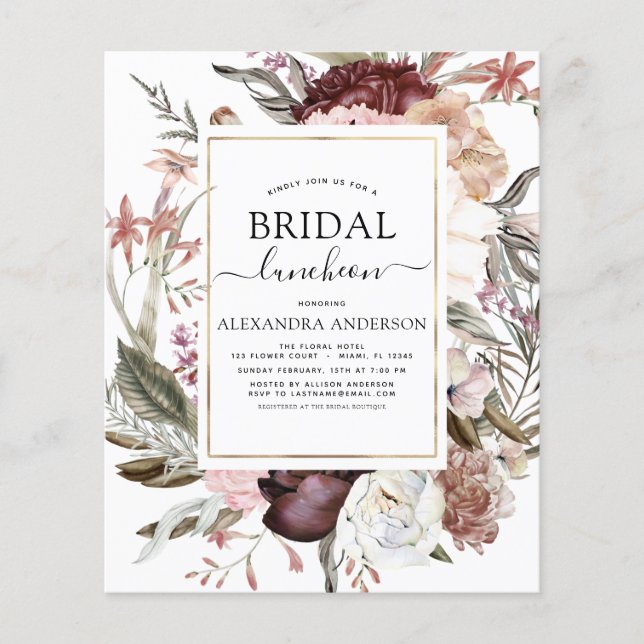 Budget Boho Burgundy Möhippa Luncheon Flygblad (Framsidan)