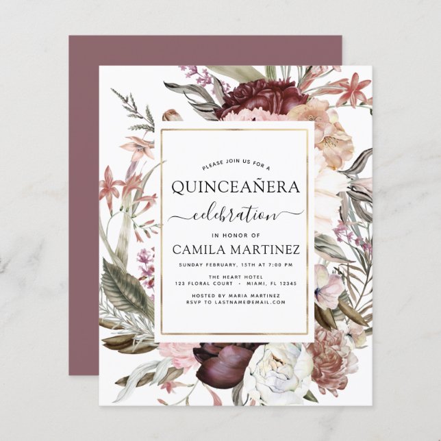 Budget Boho Burgundy Quinceañera-Blommigten (Fram/baksida)