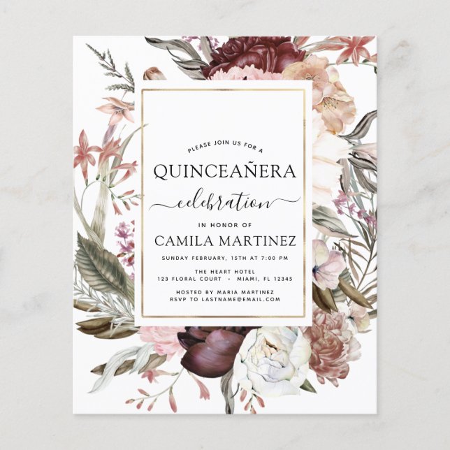 Budget Boho Burgundy Quinceañera-inbjudan Flygblad (Framsidan)