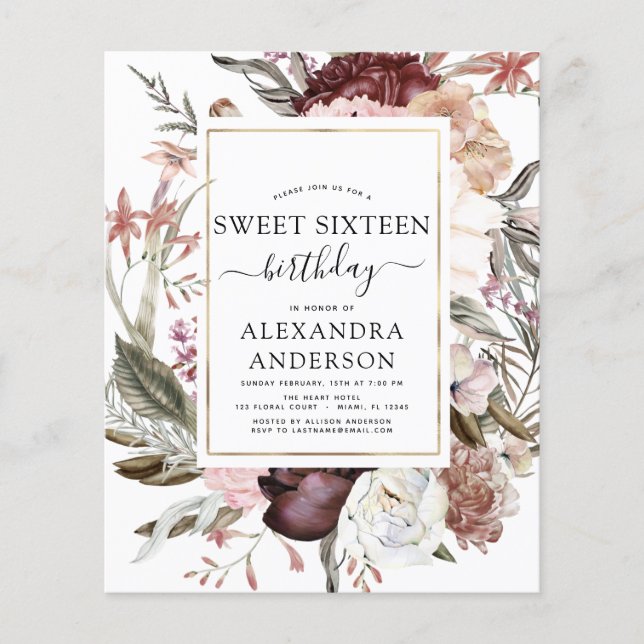 Budget Boho Burgundy Sweet 16 födelsedagsinbjudan Flygblad (Framsidan)