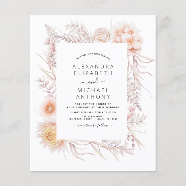Budget Boho Chic Dusty Rosa Desert Bröllop Flygblad (Framsidan)
