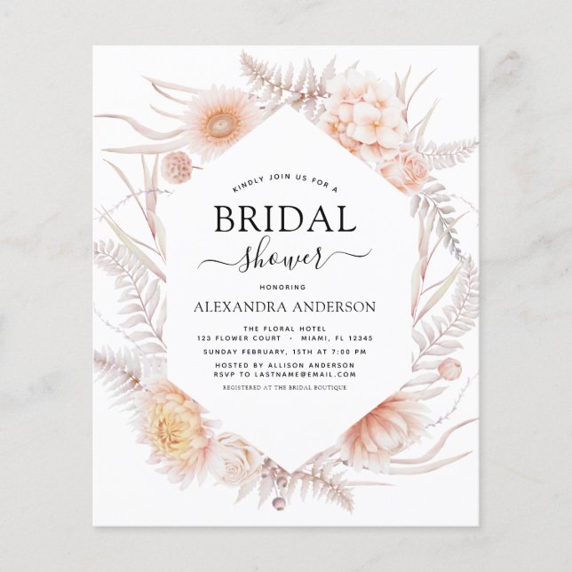 Budget Boho Chic Dusty Rosa Desert Möhippa Flygblad (Framsidan)