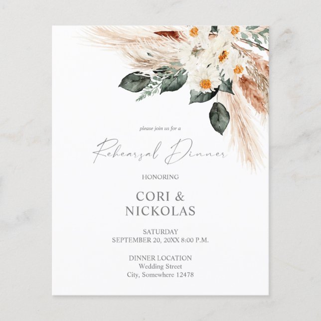 Budget Boho Copper & Floral Rehearsal Dinner Flyer (Framsidan)