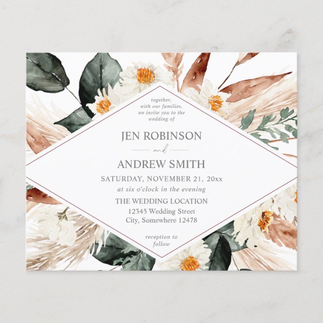 Budget Boho Copper Pampas Grass & Blommigt Bröllop Flygblad (Framsidan)