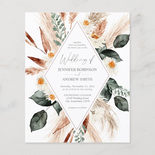 Budget Boho Copper Pampas Grass Bröllop Flyer (Framsidan)
