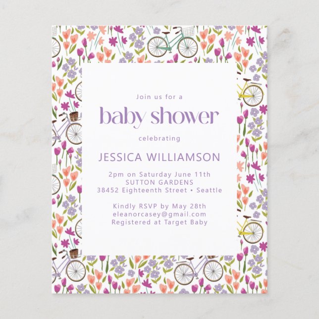 Budget Boho Cykel Blommig Baby Shower Inbjudan (Framsida)