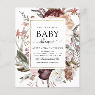 Budget Boho Dammtrosa Burgunderröd Baby Shower Flygblad