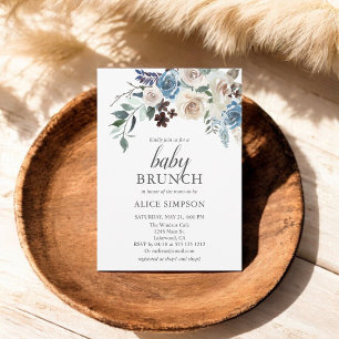 Budget Boho Dusty Blue Beige Flowers Baby Shower I Inbjudan Vykort