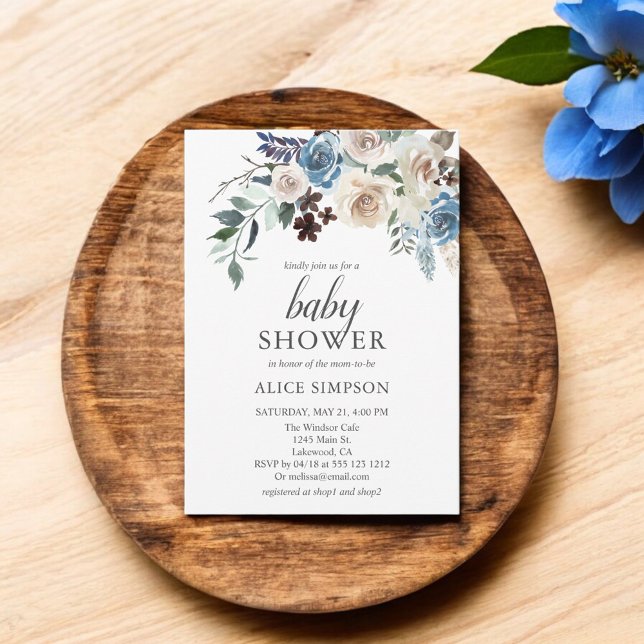 Budget Boho Dusty Blue Beige Flowers Baby Shower Inbjudan Vykort (Skapare uppladdad)