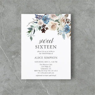 Budget Boho Dusty Blue Beige Flowers Sweet 16 Inbjudan Vykort