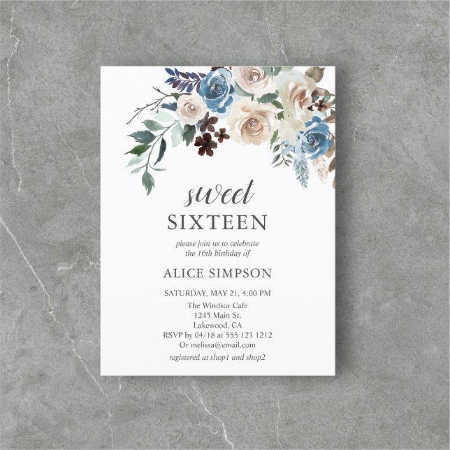 Budget Boho Dusty Blue Beige Flowers Sweet 16 Inbjudan Vykort (Skapare uppladdad)