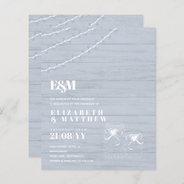 BUDGET BOHO Dusty Blue Driftwood MasonJars Bröllop (Fram/baksida)