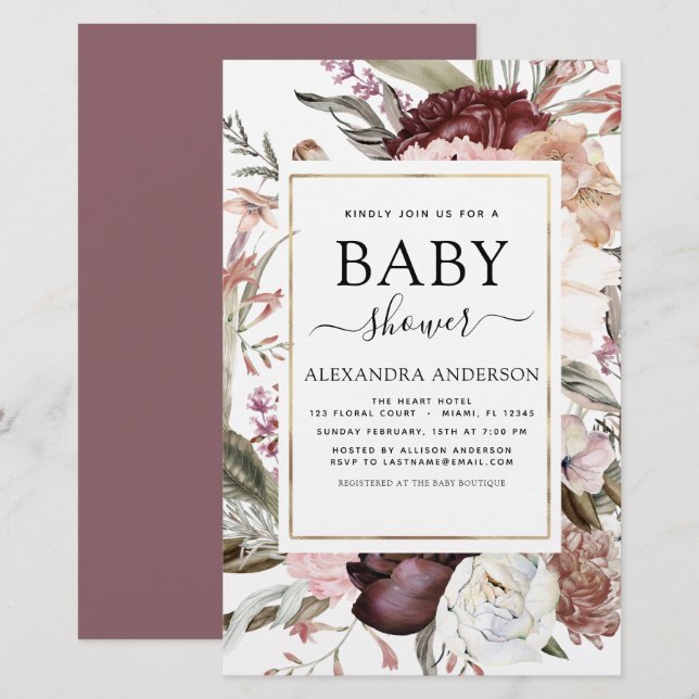 Budget Boho Dusty Rosa Burgundy Baby Shower (Fram/baksida)