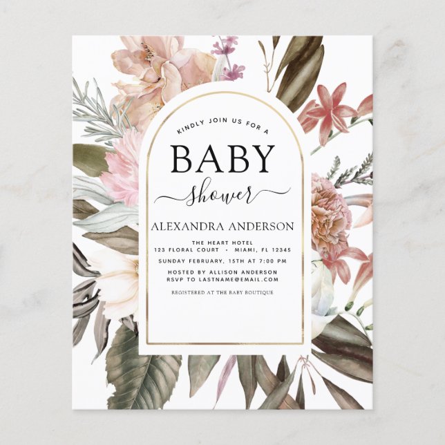 Budget Boho Dusty Rosa Burgundy Baby Shower Flygblad (Framsidan)