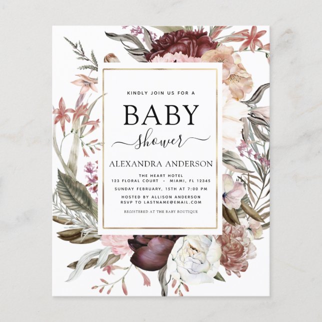 Budget Boho Dusty Rosa Burgundy Baby Shower Flygblad (Framsidan)