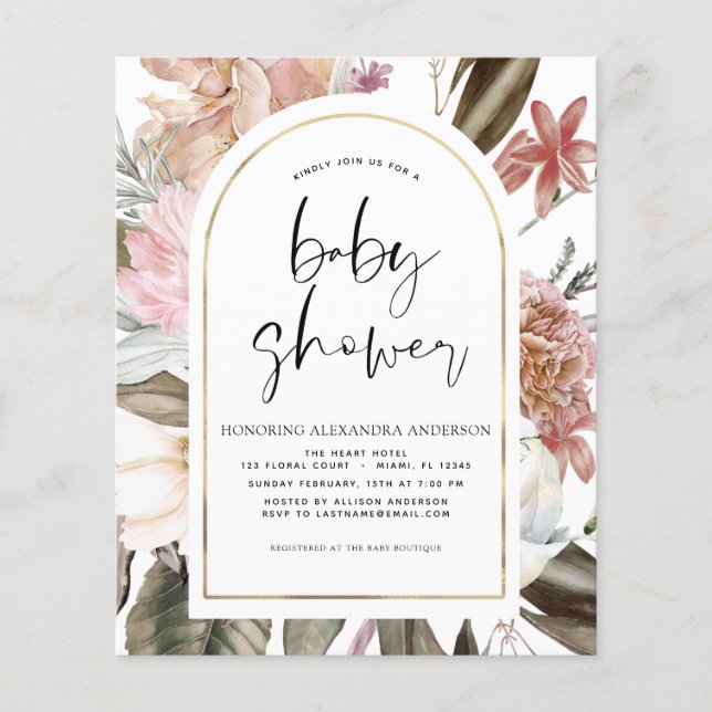 Budget Boho Dusty Rosa Burgundy Baby Shower Flygblad (Framsidan)