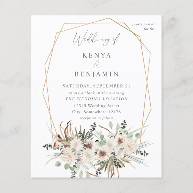 Budget Boho Eucalyptus & Beige Blommigt Bröllop 2 Flygblad (Framsidan)