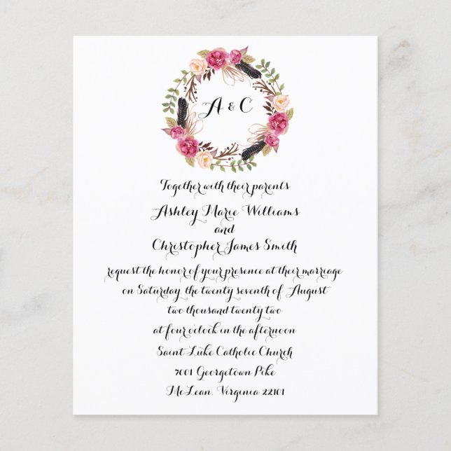 Budget Boho Floral Wedding Invitation Greenery (Framsida)