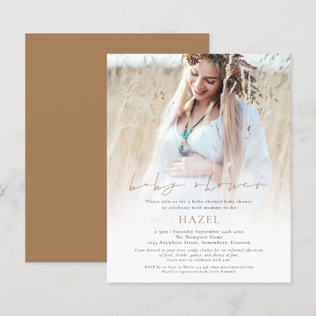 Budget Boho Fotoöverlägg Guldskrift Baby Shower (Fram/baksida)