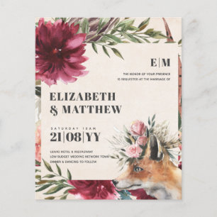 Budget Boho FOX Burgundy Blommigt allt-i-1 Bröllop Flygblad