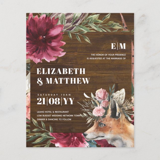 Budget Boho FOX Burgundy Blommigt allt-i-1 Bröllop Flygblad (Framsidan)