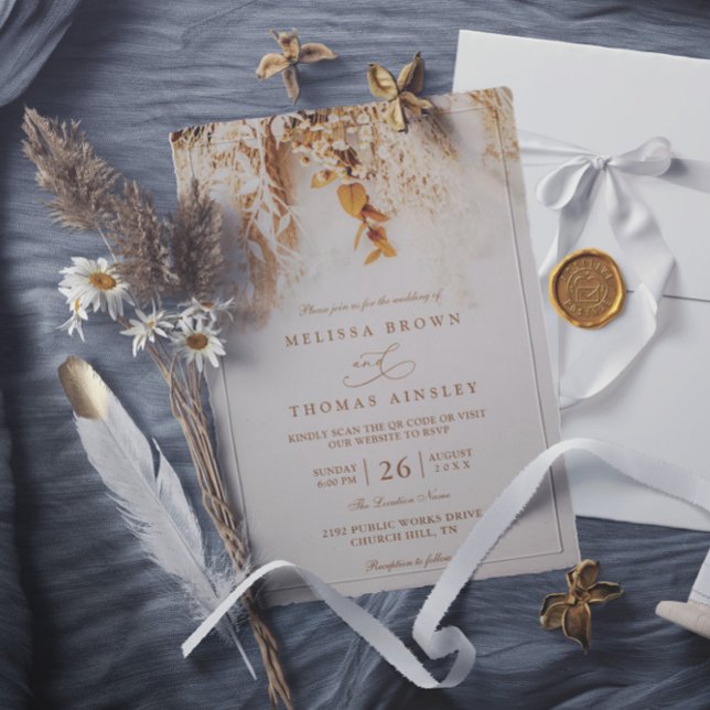 Budget Boho Höstblommor Rustic QR-kod Bröllop Inbjudningar (Skapare uppladdad)