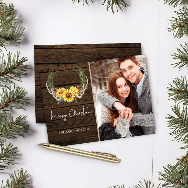 Budget Boho jul - solrosfoto Helgdag (Budget Boho Christmas Sunflower Holiday Photo Card)