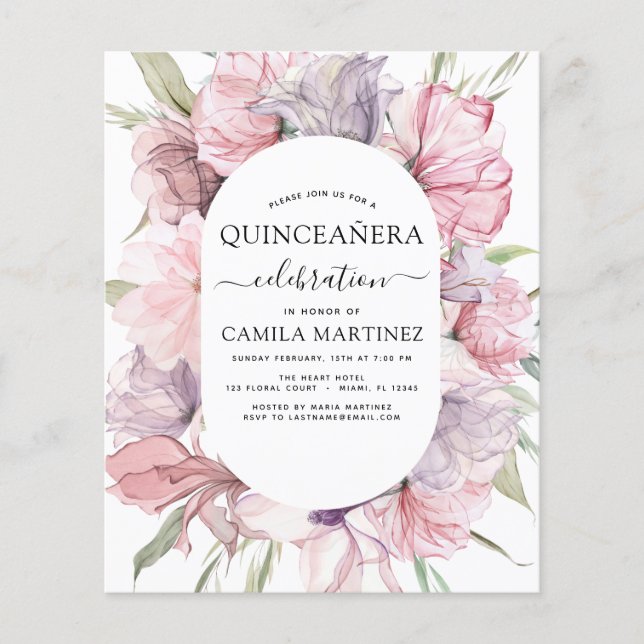 Budget Boho Lila Quinceañera Dusty Rosa Blommigt Flygblad (Framsidan)