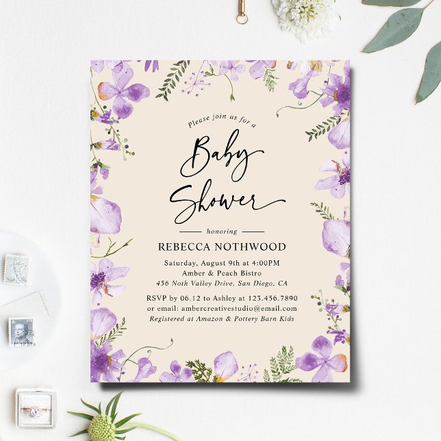 Budget Boho Lilac Blommigts Baby Shower-inbjudan (Skapare uppladdad)