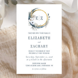 Budget Boho Måne Blue Monogram bröllopsinbjudan