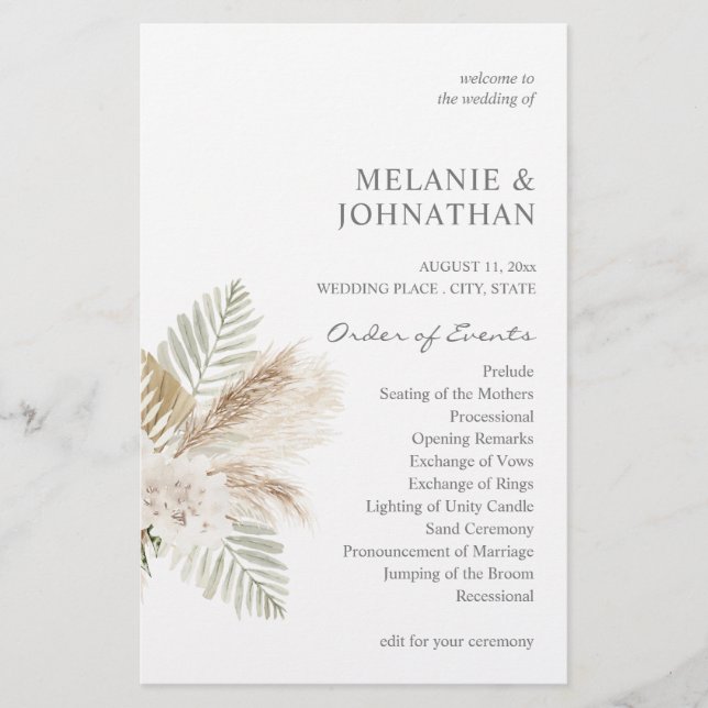Budget Boho Pampas B Blommigt MED Bröllop Ceremony Flygblad (Framsidan)